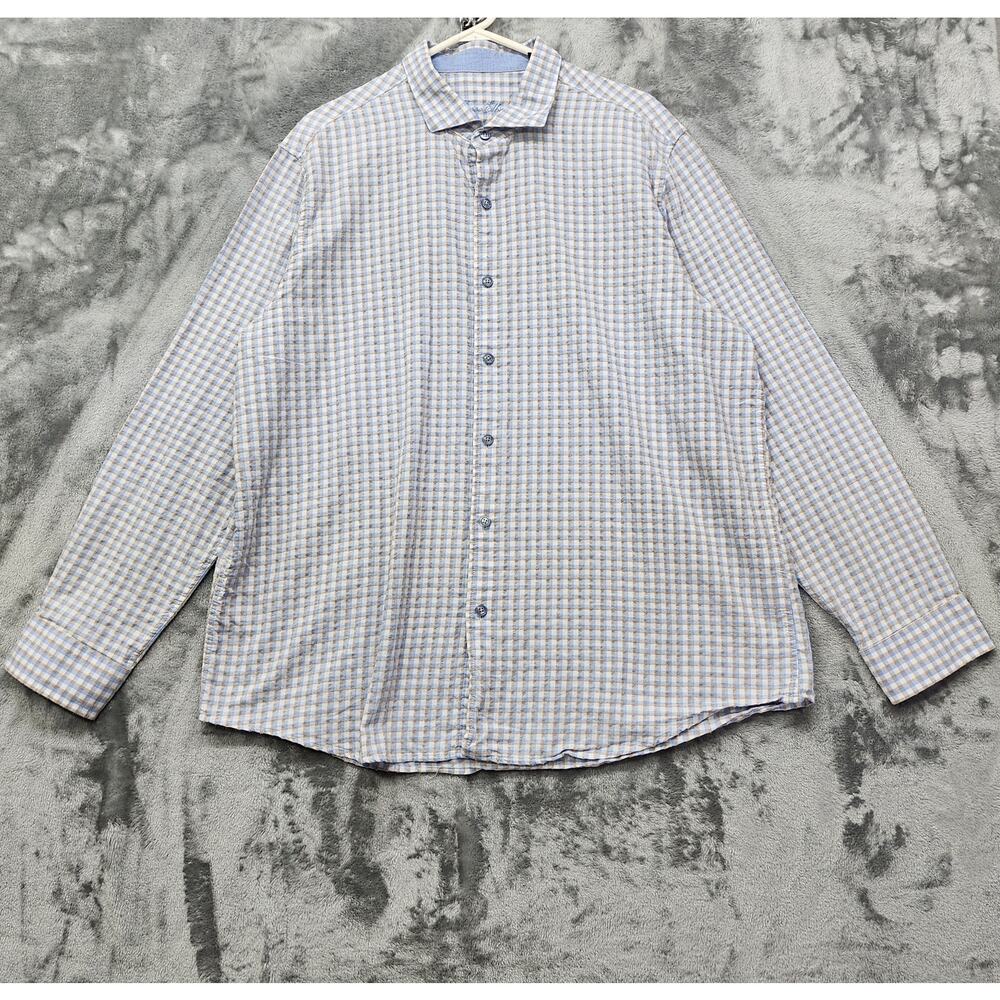 Tasso Elba Shirt Mens XXL‎ 18-18 1/2 Blue White Tan Plaid Long Sleeve Button Up